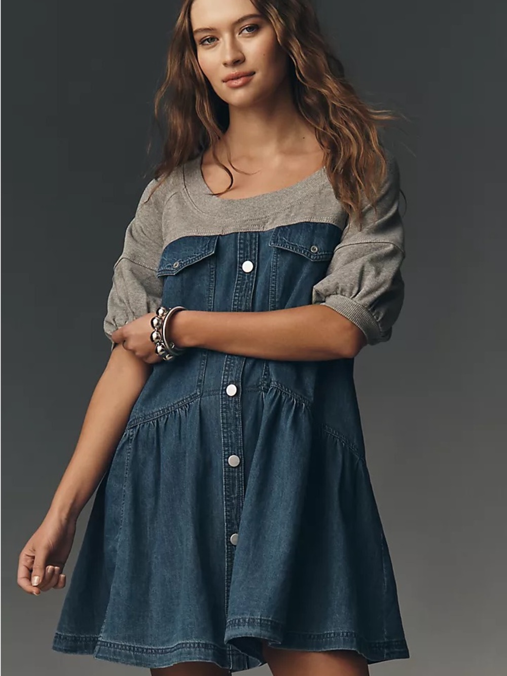 Anthropologie Denim Button-Front Dress with Gray Knit Bodice